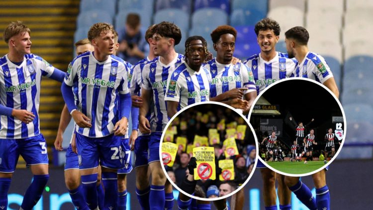 Sheffield Wednesday's players celebrate after beating Leeds United (main) and Grimsby Town players celebrate beating Manchester United on penalties...
