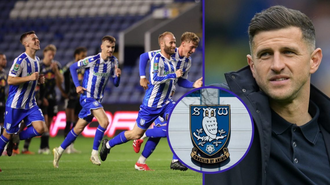 Split image showing Barry Bannan celebrating with the Sheffield Wednesday players, Portsmouth coach John Mousinho, and the Owls badge outside Hills...