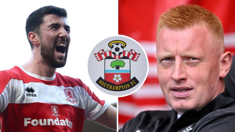 Finn Azaz celebrates after scoring a goal for Middlesbrough FC in a Championship game, and Southampton FC manager Will Still at St Mary's Stadium. ...