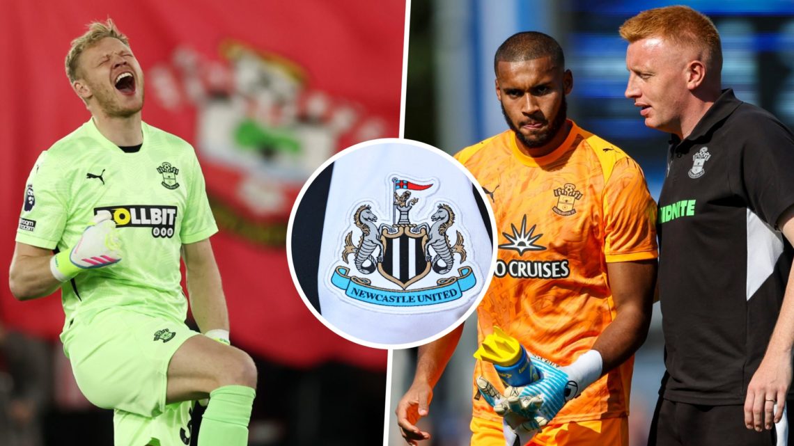 Aaron Ramsdale celebrates after Southampton game, and Will Still talking with Gavin Bazunu. Inset, the Newcastle United badge.