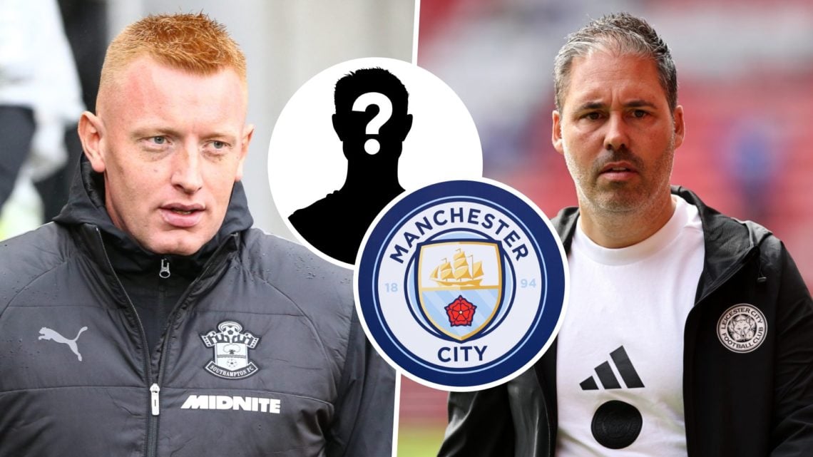 Southampton manager Will Still, and Leicester City manager Marti Cifuentes. Inset, a mystery player, and the Manchester City FC badge.