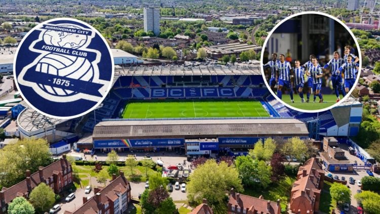 A general view of the St Andrew's stadium, an inset of the Birmingham City badge, Sheffield Wednesday's players celebrate their penalty shootout wi...