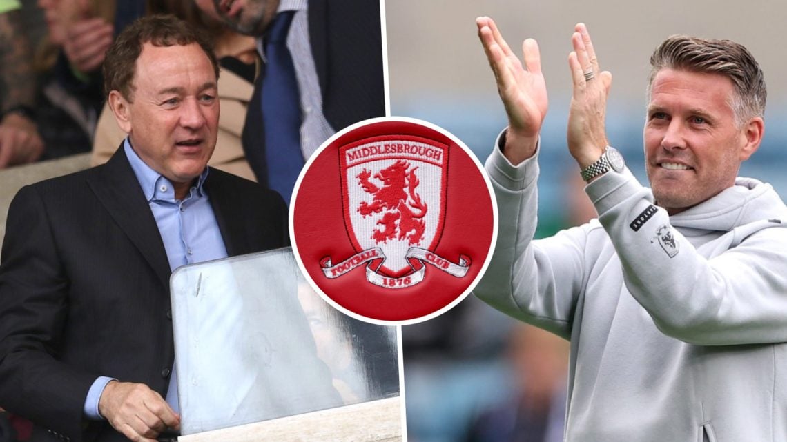 Middlesbrough FC owner Steve Gibson watches game against Sunderland AFC, and Middlesbrough FC manager Rob Edwards celebrates after a Championship c...