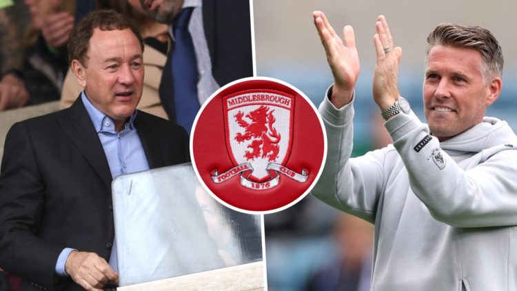 Middlesbrough FC owner Steve Gibson watches game against Sunderland AFC, and Middlesbrough FC manager Rob Edwards celebrates after a Championship c...