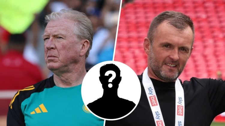 Steve McClaren looks on while managing Jamaica (left) and Nathan Jones lifts the League One play-off trophy at Wembley (right) and mystery player (...