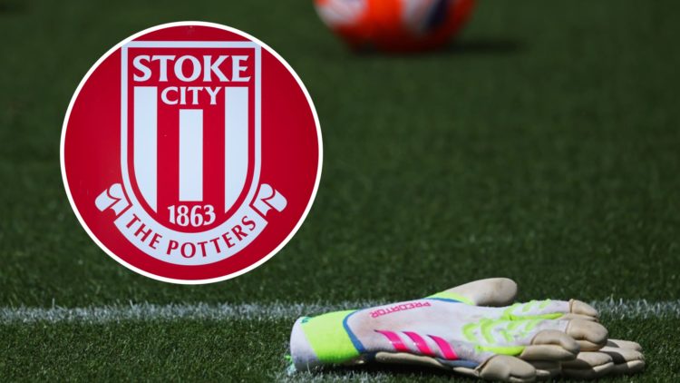 Stoke City badge (inset) and goalkeeping gloves