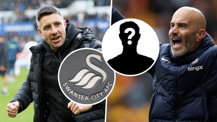 Swansea City FC manager Alan Sheehan, and Chelsea FC manager Enzo Maresca. Overlaid, the Swansea City FC badge and a mystery player.