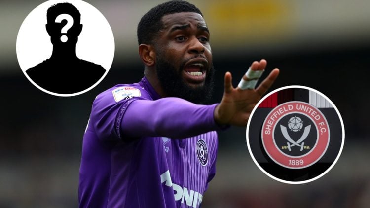 Japhet Tanganga instructs his teammates during Oxford United vs Sheffield United, an inset of the Sheffield United badge, an inset of a mystery man