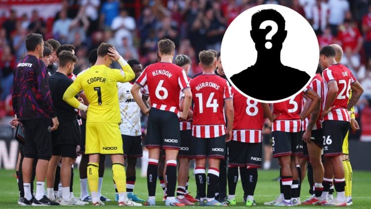 Ruben Selles, Manager of Sheffield United, talks to the team after their loss vs Bristol City, an inset of a mystery man