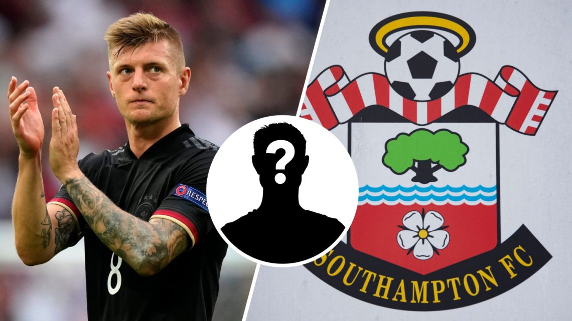 Split image showing Germany legend Toni Kroos and the Southampton badge