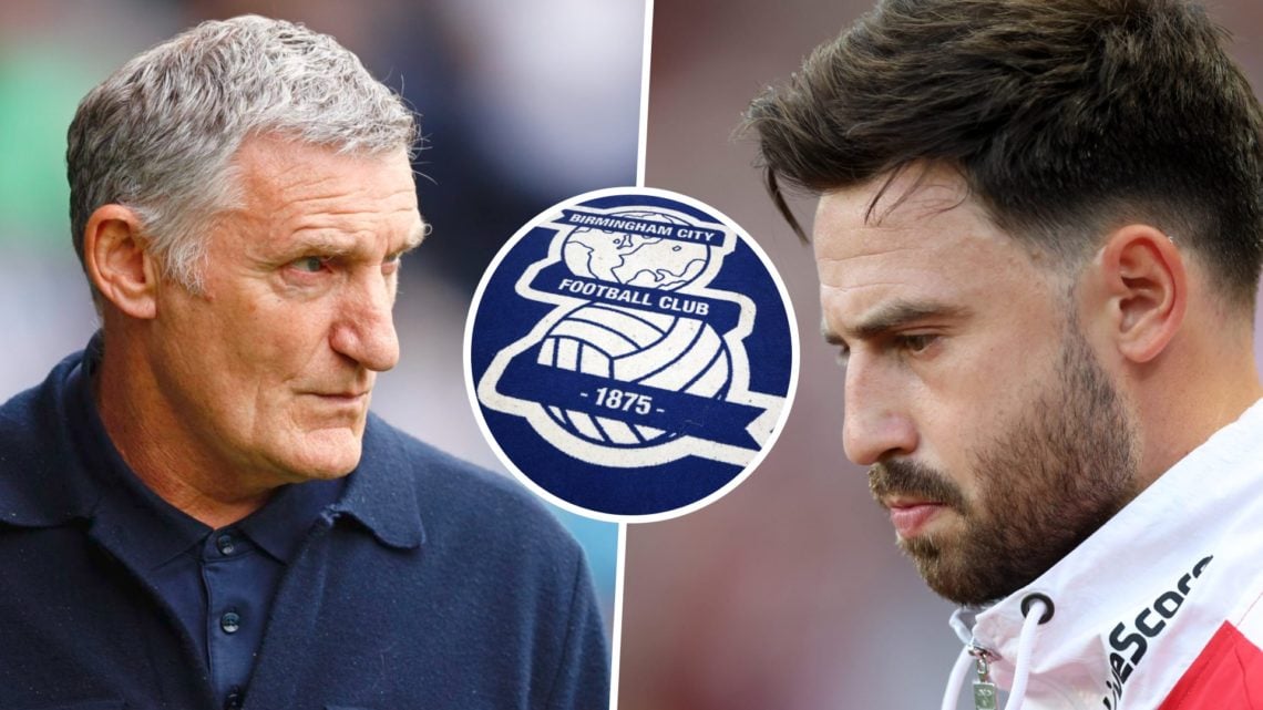 Tony Mowbray reacts during a Championship match, and Sunderland AFC player Patrick Roberts. Inset, the Birmingham City FC badge.