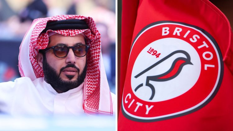 Turki Alalshikh looks on (left), The Bristol city club crest on the corner flag (right)