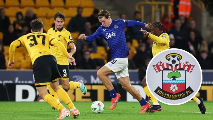 Tyler Dibling on the ball for Everton against Wolves in the Carabao Cup. Inset, the Southampton FC badge.