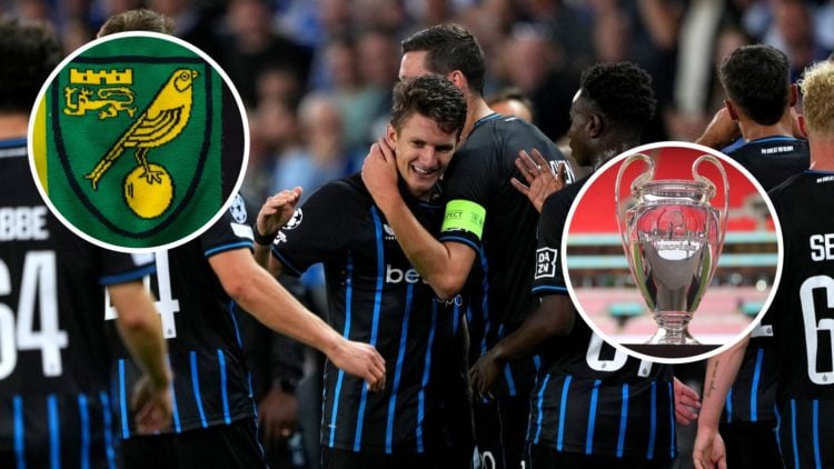 Christos Tzolis celebrates Club Brugge's sixth goal vs Rangers, an inset of the Norwich City badge, an inset of the Champions League trophy