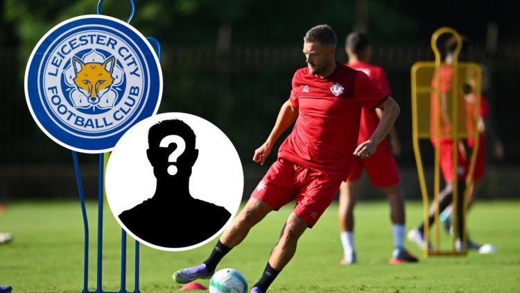 Jamie Vardy during a Cremonese training session, an inset of the Leicester City badge, an inset of a mystery man