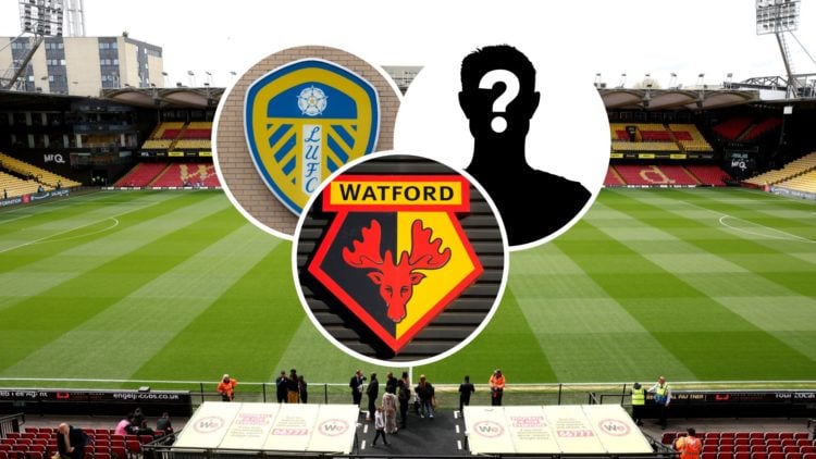 A detailed view of Vicarage Road, an inset of Watford's official badge, an inset of the Leeds United badge, an inset of a mystery man