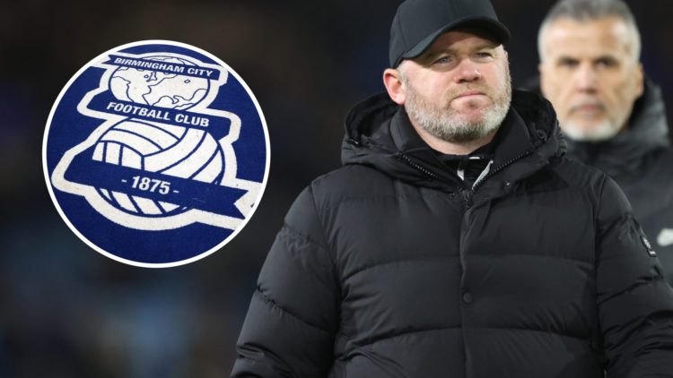 Wayne Rooney walks towards the Birmingham fans (main) and Birmingham City badge at St Andrew's (inset)