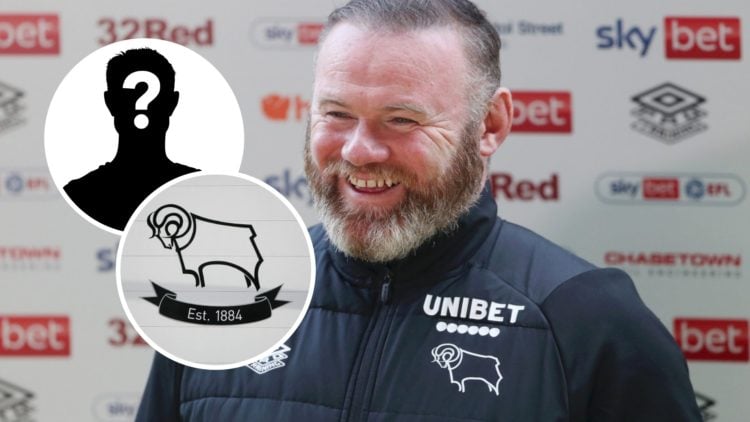 Wayne Rooney laughs during an interview as Derby County FC boss. Inset, a mystery player and the Derby County FC badge.