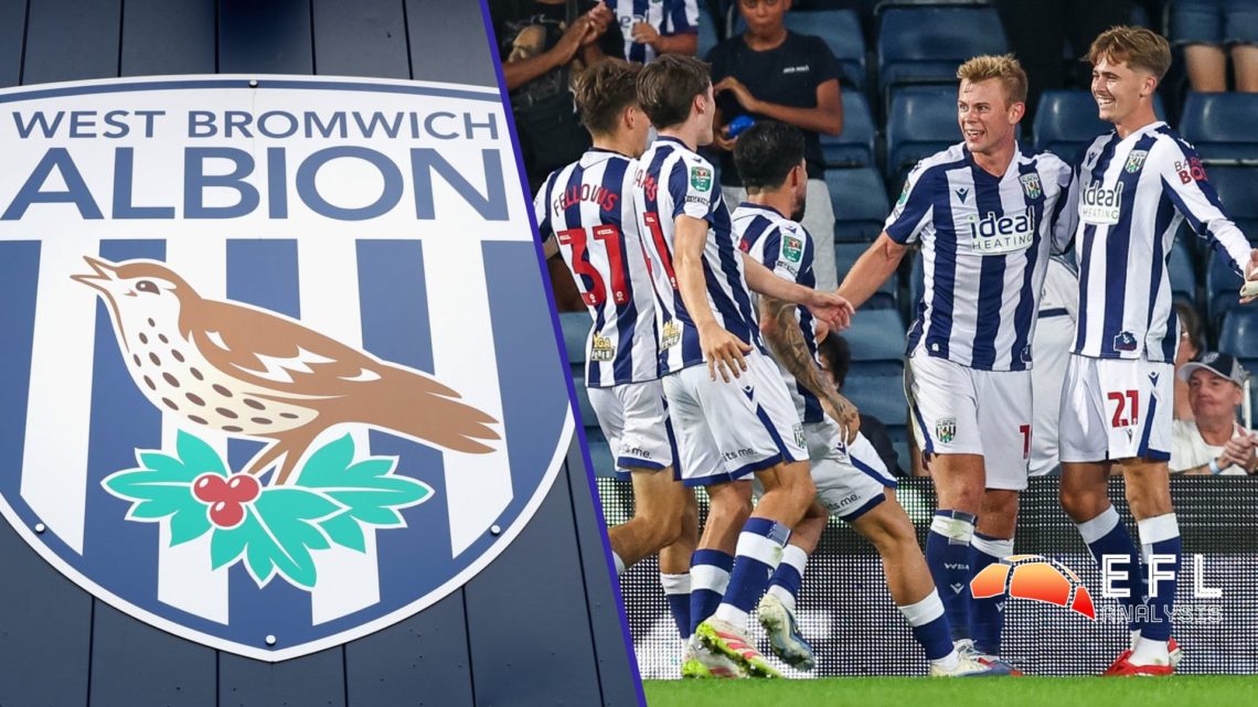 Split image showing the West Brom badge outside Hawthorns, and Baggies duo Isaac Price and Aune Heggebo