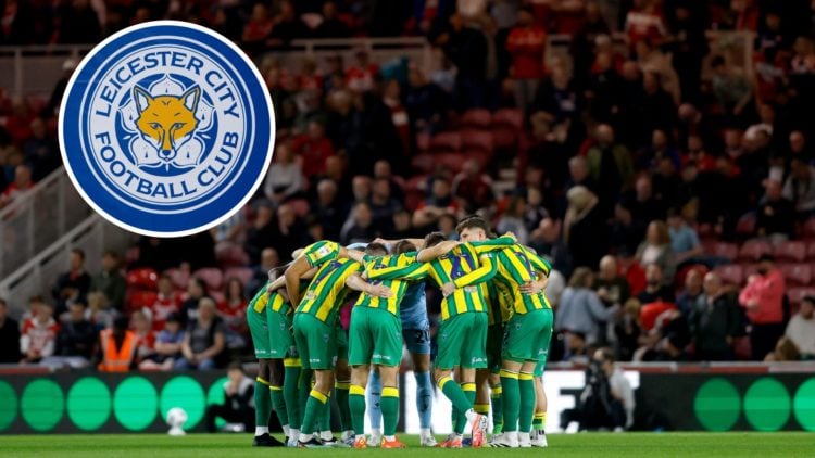 The West Brom players huddle together before the game vs Middlesbrough, an inset of the Leicester City badge