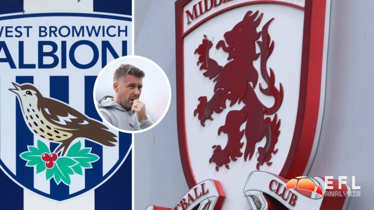 Split image showing the badges of West Brom and Middlesbrough, plus Boro head coach Rob Edwards