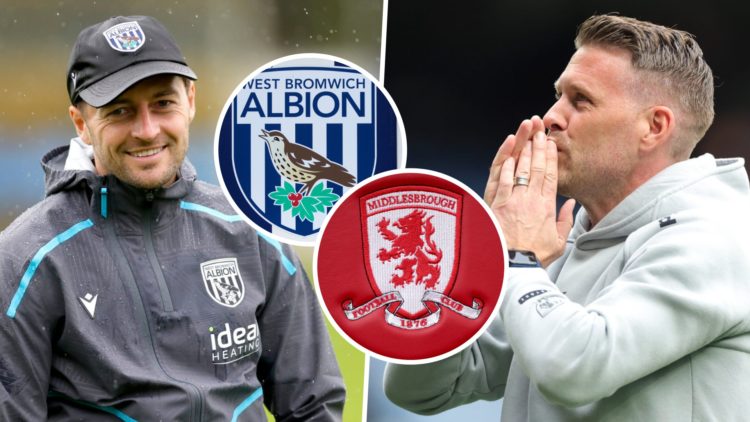 West Brom manager Ryan Mason, and Middlesbrough manager Rob Edwards. Inset, the West Bromwich Albion FC badge and the Middlesbrough FC badge.