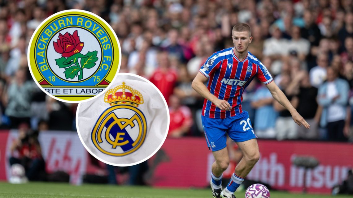 Adam Wharton controls the ball during Crystal Palace vs Nottingham Forest, an inset of the Blackburn Rovers badge, an inset of a detailed view of t...