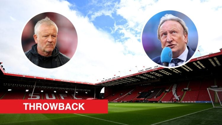 A general view of Bramall Lane, an inset of Neil Warnock on punditry duty, an inset of Chris Wilder watching on as Sheffield United manager vs Stok...