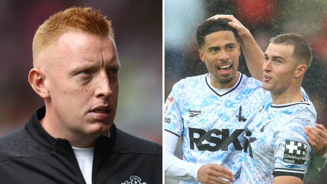 Will Still frowns while managing Southampton (left) and Harvey Knibbs and James Bree celebrate Charlton's win at Sheffield United and embrace (right)