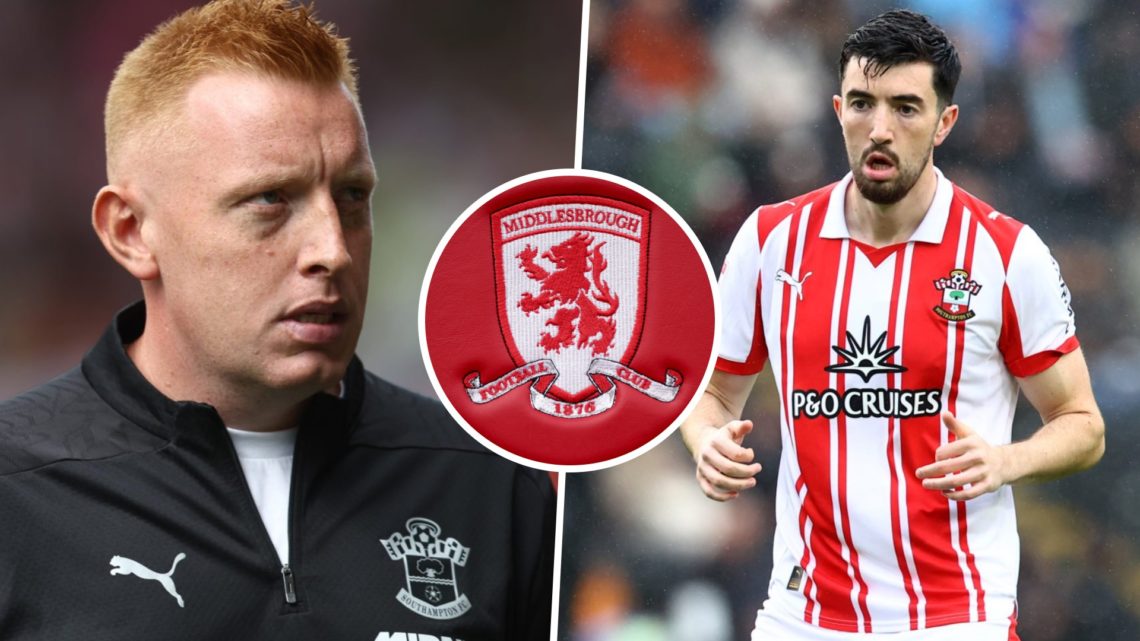 Southampton manager Will Still during a game, and Southampton midfielder Finn Azaz against Hull City. Inset, the Middlesbrough FC logo.