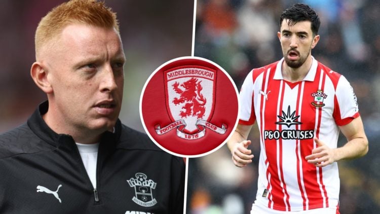 Southampton manager Will Still during a game, and Southampton midfielder Finn Azaz against Hull City. Inset, the Middlesbrough FC logo.