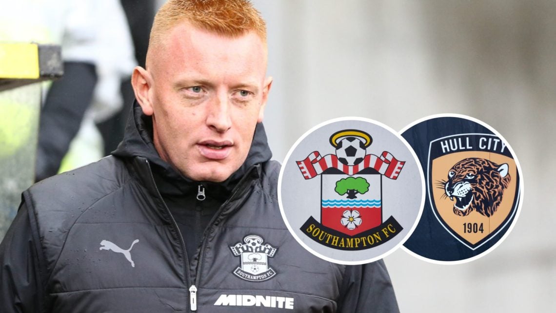 Southampton manager Will Still before Championship game at Hull City. Inset, the Southampton FC badge and the Hull City FC badge.