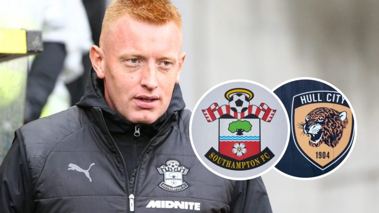 Southampton manager Will Still before Championship game at Hull City. Inset, the Southampton FC badge and the Hull City FC badge.