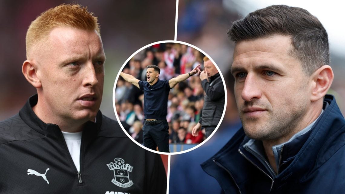 Southampton FC manager Will Still, and Portsmouth FC boss John Mousinho. Inset, Will Still and John Mousinho on the touchline at St Mary's Stadium.