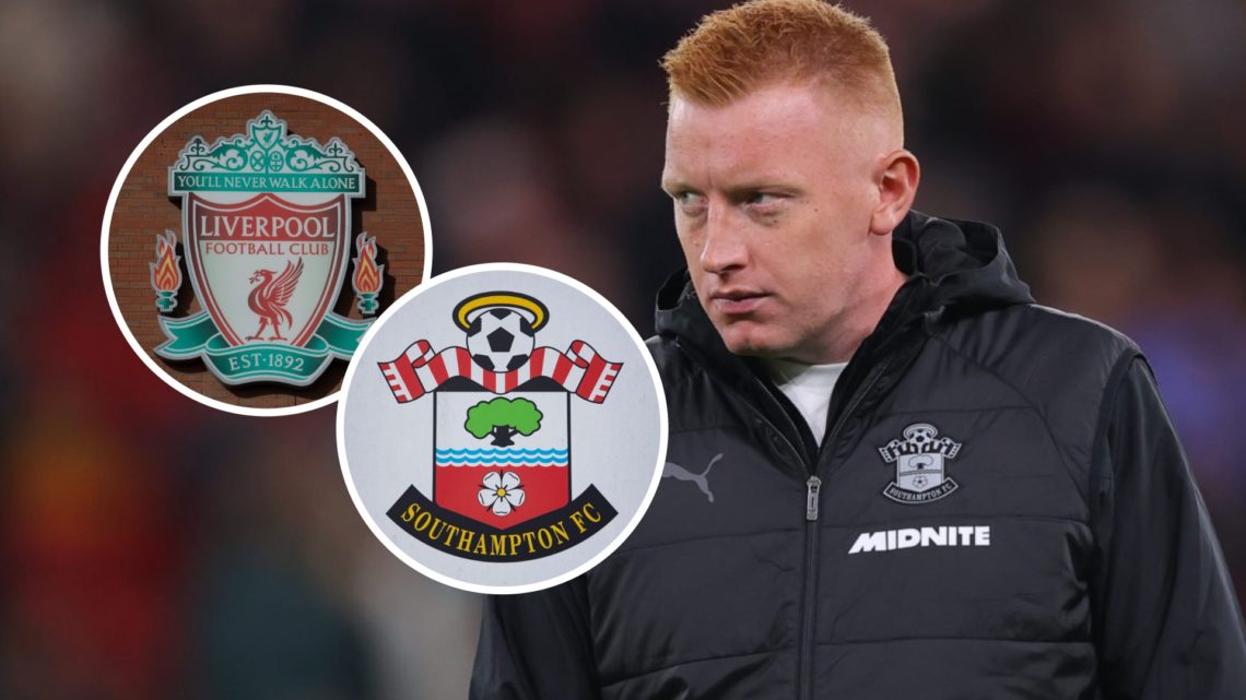 Southampton boss Will Still at Anfield Stadium. Inset, the Southampton FC badge and the Liverpool FC badge.