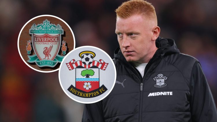 Southampton boss Will Still at Anfield Stadium. Inset, the Southampton FC badge and the Liverpool FC badge.