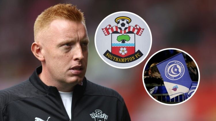 Southampton FC head coach Will Still reacts during a Championship game, and inset, the Southampton FC badge and the Portsmouth FC badge on a flag.