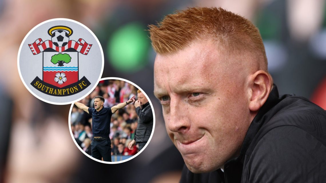 Southampton manager Will Still reacts during a Championship game. Inset, the Southampton FC badge. Inset, Portsmouth FC manager John Mousinho and S...