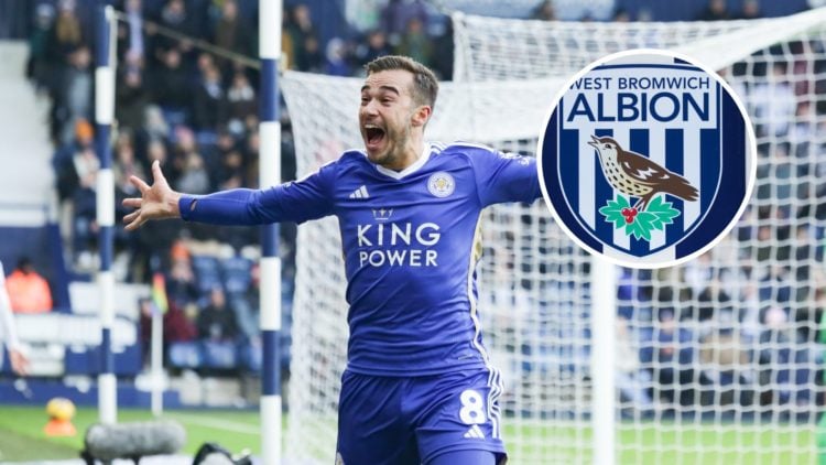 Harry Winks scores a late winner for Leicester City vs WBA, an inset of the West Brom badge