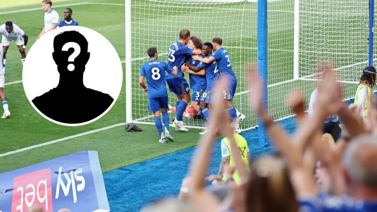Wout Faes celebrates his goal for Leicester City vs Sheffield Wednesday, an inset of a mystery figure