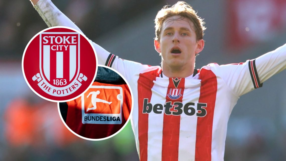 Wouter Burger reacts during a Championship game for Stoke City. Inset, the Stoke City FC badge and the Bundesliga logo.