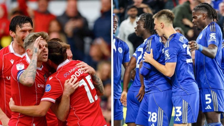 Josh Windass celebrates his goal for Wrexham vs Derby County, Ricardo Pereira celebrates his goal for Leicester City against Birmingham City