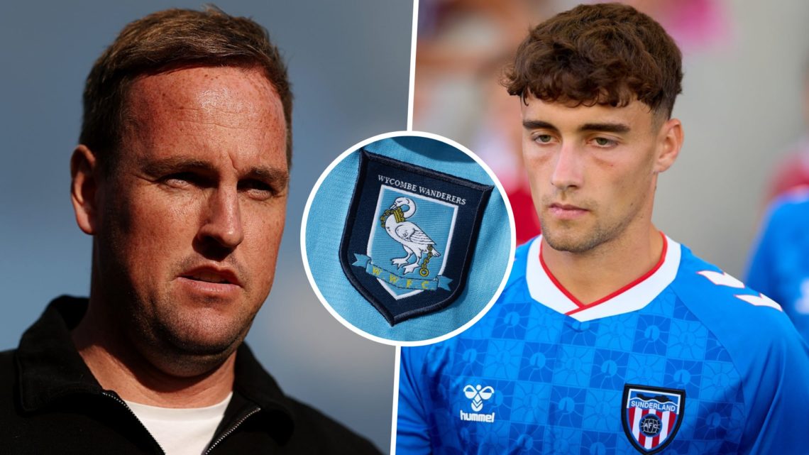 Wycombe Wanderers FC manager Mike Dodds, and Sunderland AFC defender Niall Huggins. Overlaid, the Wycombe Wanderers FC badge.