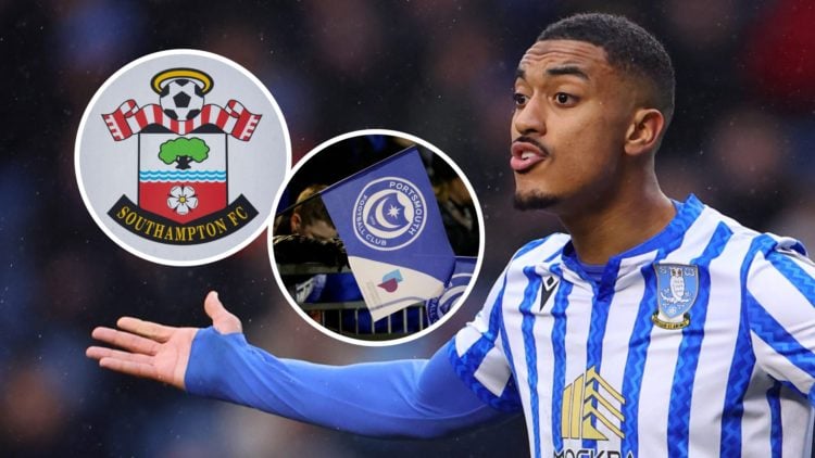 Yan Valery reacts during a Championship game for Sheffield Wednesday FC. Inset, the Southampton FC badge and the Portsmouth FC badge.