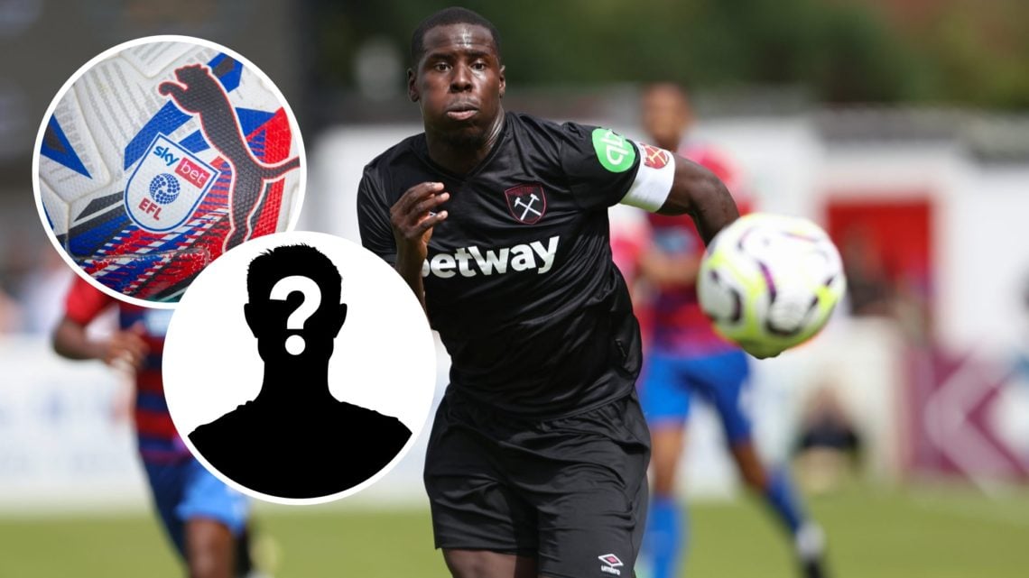 Kurt Zouma chases the ball during West Ham United vs Dagenham & Redbridge, an inset of the EFL logo on a ball, an inset of a mystery man